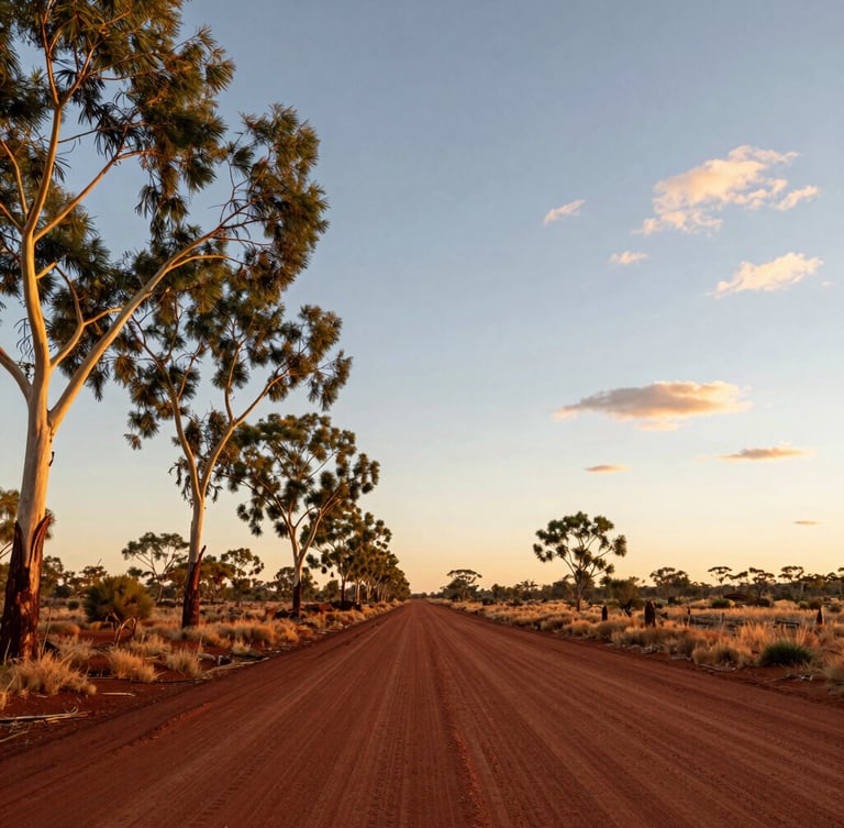 A wide-angle cinematic shot of a dusty red outback road in South Australia during golden hour, low-angle natural light, vast open sky with soft clouds, eucalyptus trees framing the left side.