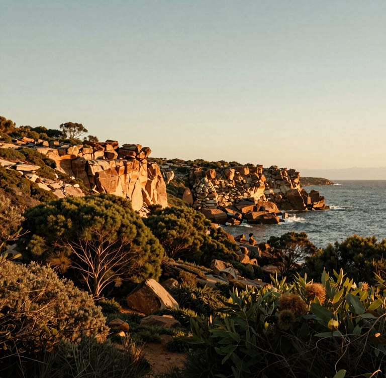 Wide-angle cinematic shot of South Australian rugged coastline at golden hour, deep eucalyptus green scrub meeting the sandstone cliffs, soft low-angle daylight, no people