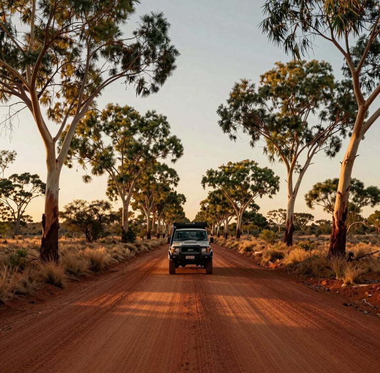 Wide environmental shot of a 4WD vehicle driving on a dusty red dirt road lined with ancient eucalyptus trees in South Australia, warm golden hour light, cinematic composition