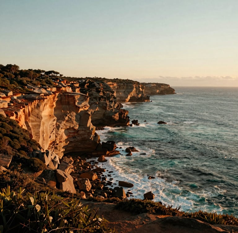 A wide-angle cinematic shot of a rugged coastline at golden hour, dramatic cliffs meeting the turquoise ocean, Fleurieu Peninsula, South Australia, warm low-angle sunlight casting long shadows.