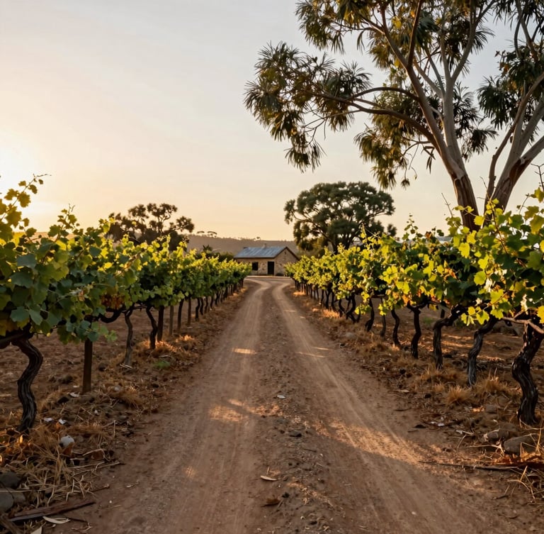 A narrow dirt road winding through ancient, gnarled grapevines in McLaren Vale at golden hour, a single rustic stone cottage in the far distance, warm sunlight filtering through leaves.