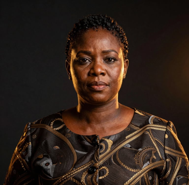 Dramatic editorial portrait of an African female leader in Malabo, looking forward with absolute confidence, warm golden rim light, deep charcoal background, bleed right