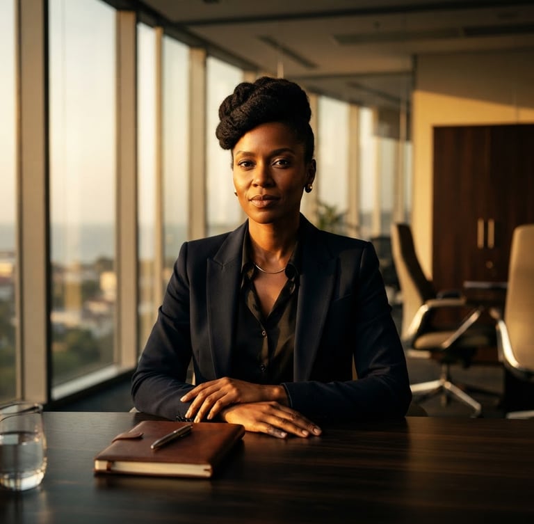 Editorial portrait of an African female executive in a modern Malabo boardroom, warm golden-hour lighting, sharp focus, high-contrast, 85mm lens
