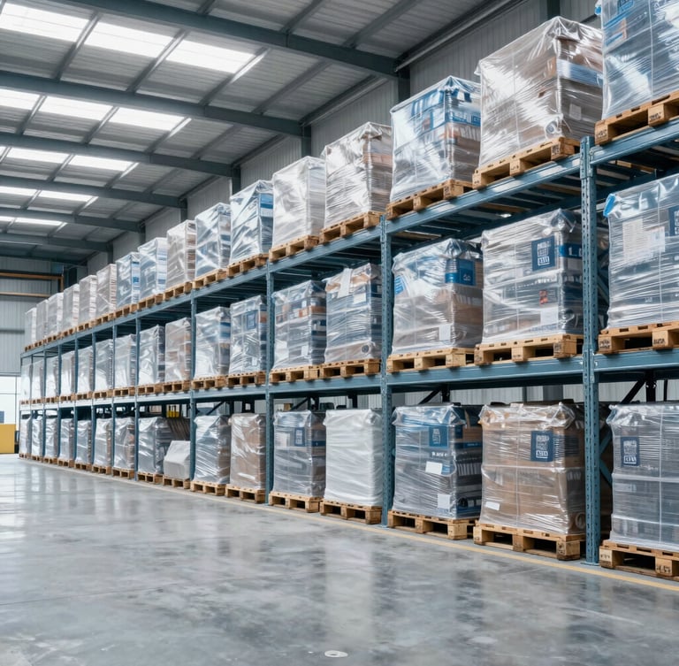 Modern industrial warehouse interior with organized bulk cargo pallets on high racks, clean concrete floor, cool daylight filtering through, professional photography