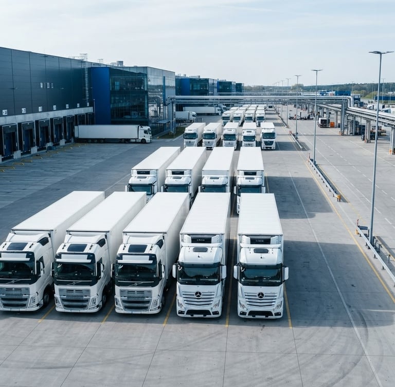 Organized fleet of modern white freight trucks parked in a clean logistics terminal, bright daylight, cool steel blue tones, sharp focus, editorial
