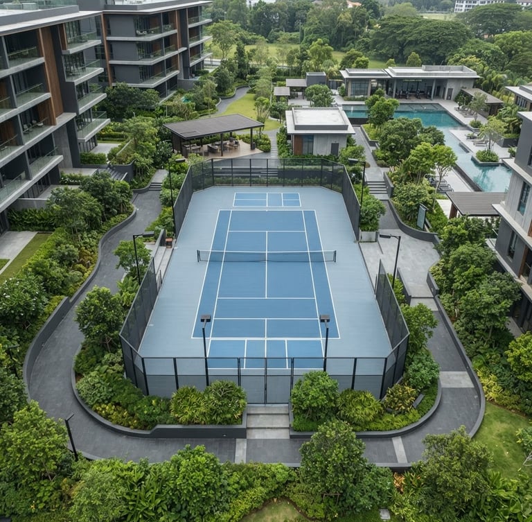 Drone shot of a modern high-end condominium sports court, clean architectural lines, soft overcast daylight, rich natural greens and deep grays