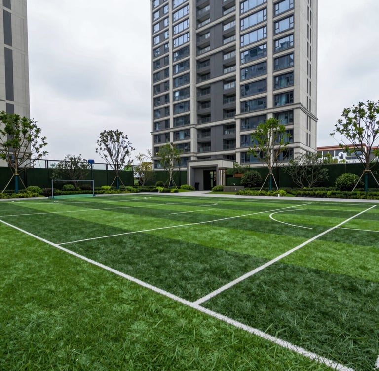 Architectural outdoor photography of a wide-angle synthetic sports court in a luxury condominium, showing sharp lines, dense green turf, and seamless joints under soft overcast daylight.