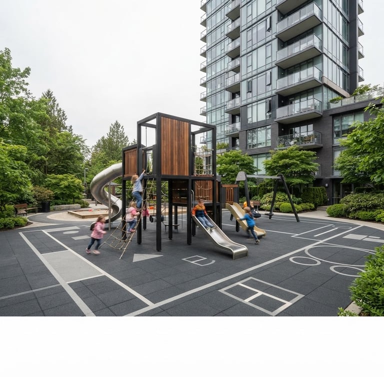 Architectural outdoor photography of modern condominium playground, seamless dark gray rubber flooring with clean geometric lines, soft overcast daylight, sharp details