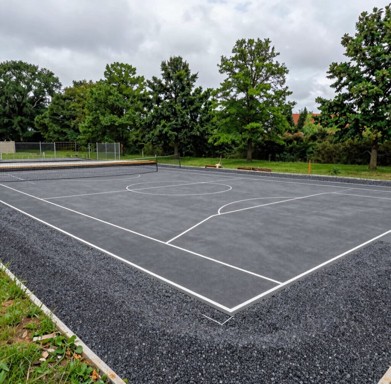 Architectural outdoor photography of a large sports court under construction, showing the technical base preparation and gravel compaction, soft overcast daylight, deep grays, wide-angle lens, sharp details.