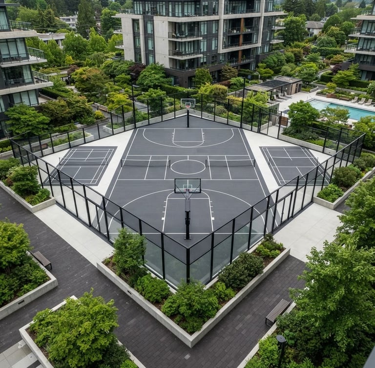 Drone wide-angle shot of a premium geometric sports court in a luxury condominium, clean lines, soft overcast daylight, architectural outdoor photography