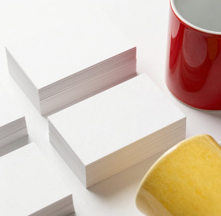 Bright high-key product photography of neatly stacked custom embossed business cards and vibrant sublimated ceramic mugs on a clean white background, macro detail, soft shadows.