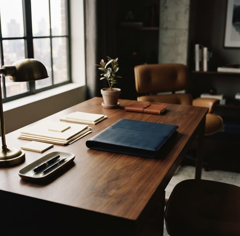 Wide shot of a minimalist executive desk, polished wood surface, neatly organized documents, a sleek fountain pen, and a high-end leather portfolio, soft diffused natural light, deep shadows, editorial lifestyle photography.
