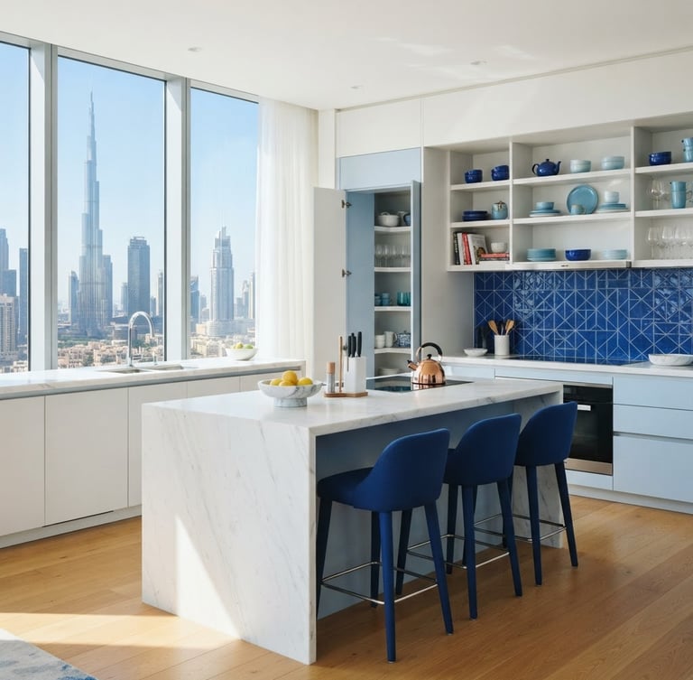 Clean editorial photography of a spotless modern kitchen in Dubai, bright natural daylight, crisp royal blue accents, sharp focus, 35mm