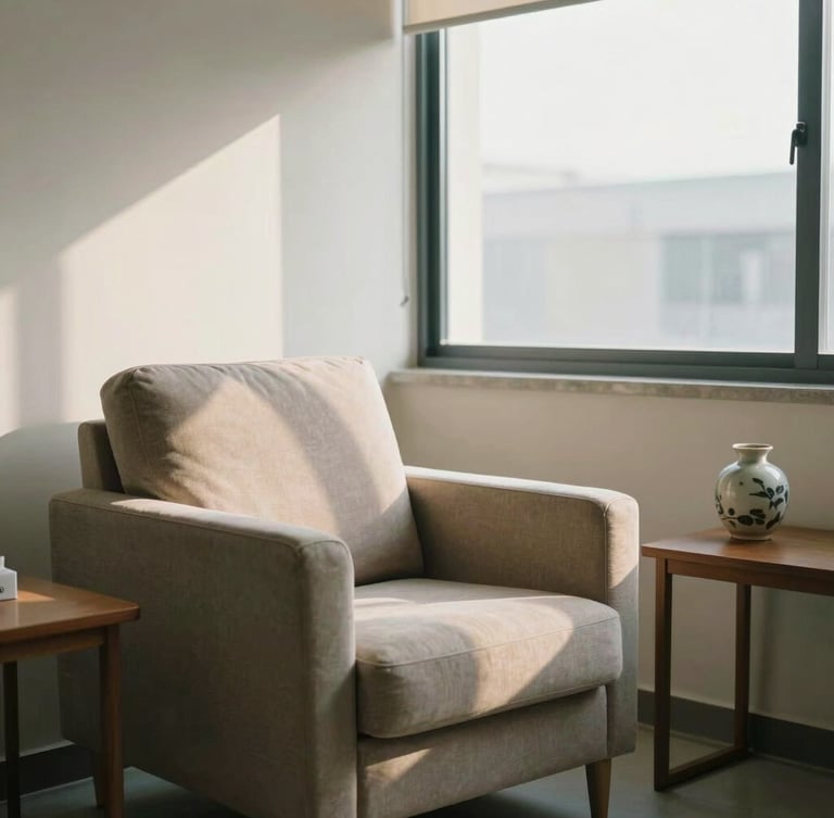 A quiet, sunlit clinical consultation room with a soft fabric armchair, a small wooden side table with a ceramic vase, warm morning light streaming through a large window, peaceful and dignified atmosphere.