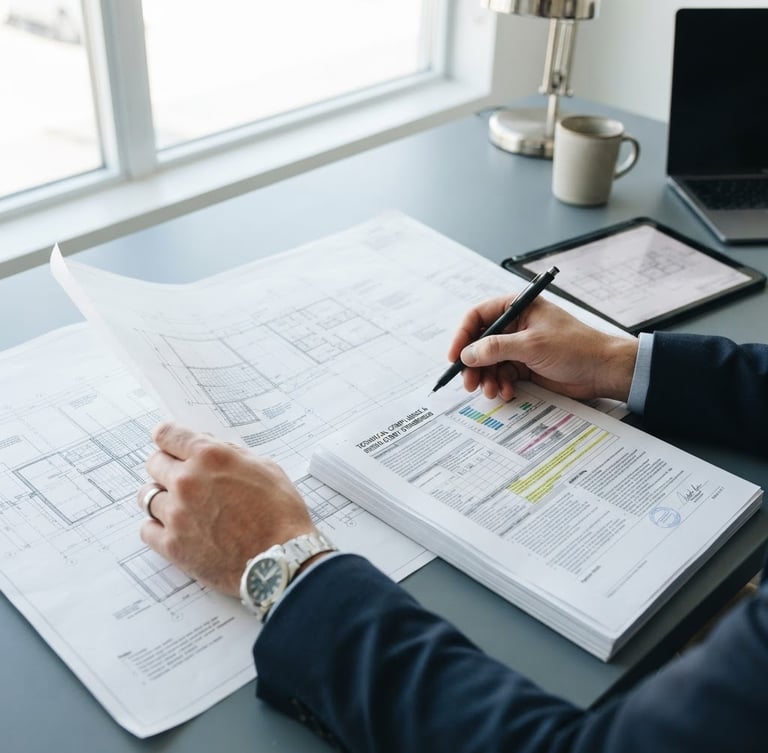 Close-up of hands reviewing technical compliance documents and blueprints on a clean modern office desk, bright natural daylight, cool slate tones