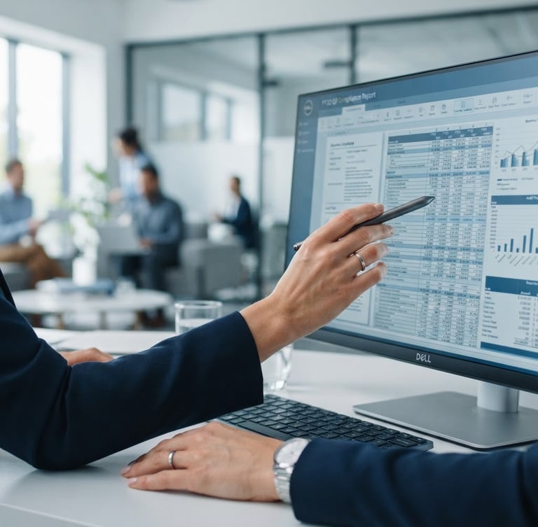 Close-up of professional hands reviewing digital compliance documents and financial spreadsheets under bright, natural office light, cool blue tones, sharp focus