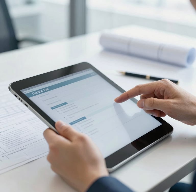 Close-up of hands reviewing tender specifications on a tablet in a bright modern office, blueprints in the soft background, daylight
