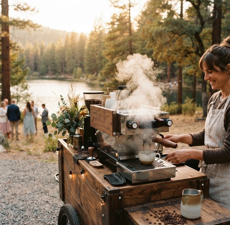 A custom wooden mobile espresso cart set up at a rustic outdoor lakeside wedding during golden hour, steam rising from a freshly pulled shot of espresso, warm pine trees in the background, 35mm photography