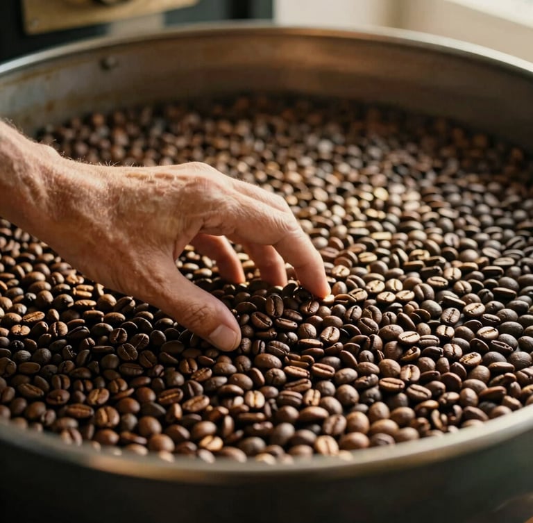 Warm editorial photo of a coffee roaster checking beans in a cooling tray, golden-hour natural light, rich coffee tones, shallow depth of field, 35mm
