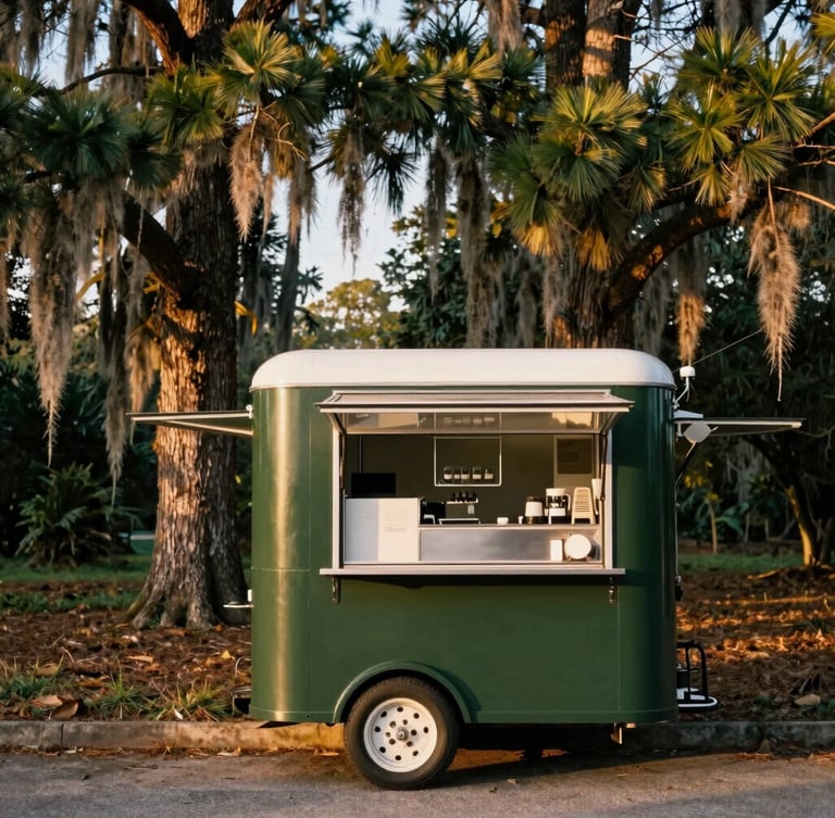 Warm editorial medium shot of a custom-built dark green mobile coffee cart parked next to towering Louisiana pines, warm golden-hour daylight filtering through branches, 35mm photography