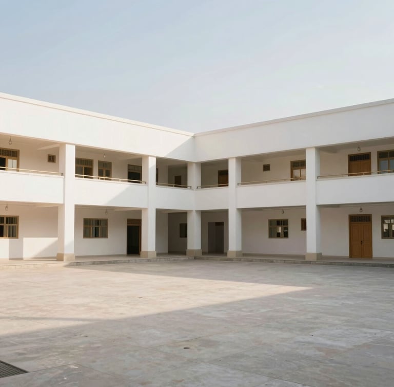 A wide panoramic view of a clean, green Islamic school courtyard in morning light, soft shadows, peaceful atmosphere, modern minimalist architecture