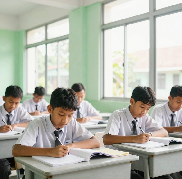 Bright editorial portrait of Indonesian junior high school students studying together in a modern, clean classroom with natural morning light coming from large windows, warm green tones.