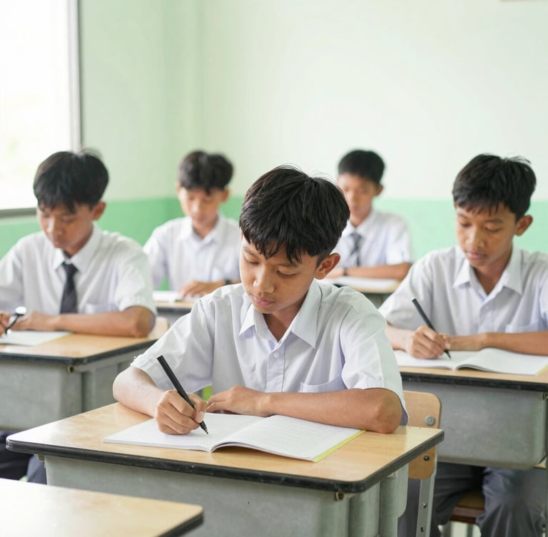Bright editorial photography of Indonesian junior high students studying together in a modern, sunlit classroom, clean green and warm white tones, candid, 35mm lens