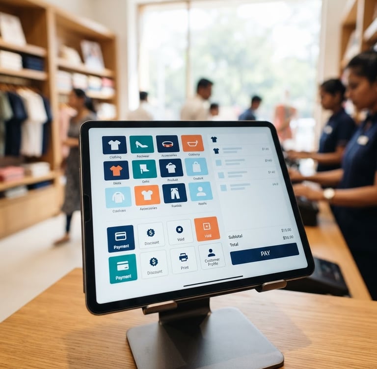 A close-up of a modern tablet displaying a sleek POS billing interface in a bright Indian retail store, soft natural lighting, sharp focus, 35mm lens