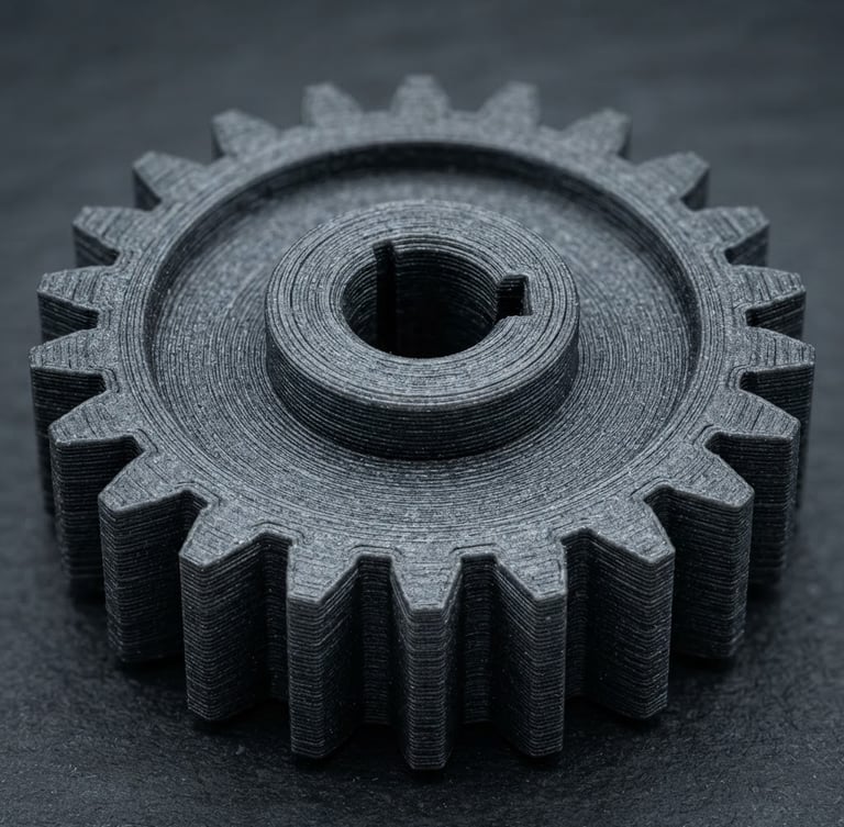 Extreme close-up of a high-precision 3D-printed mechanical gear showing exact layer lines, cool technical studio lighting, dark slate background, 50mm