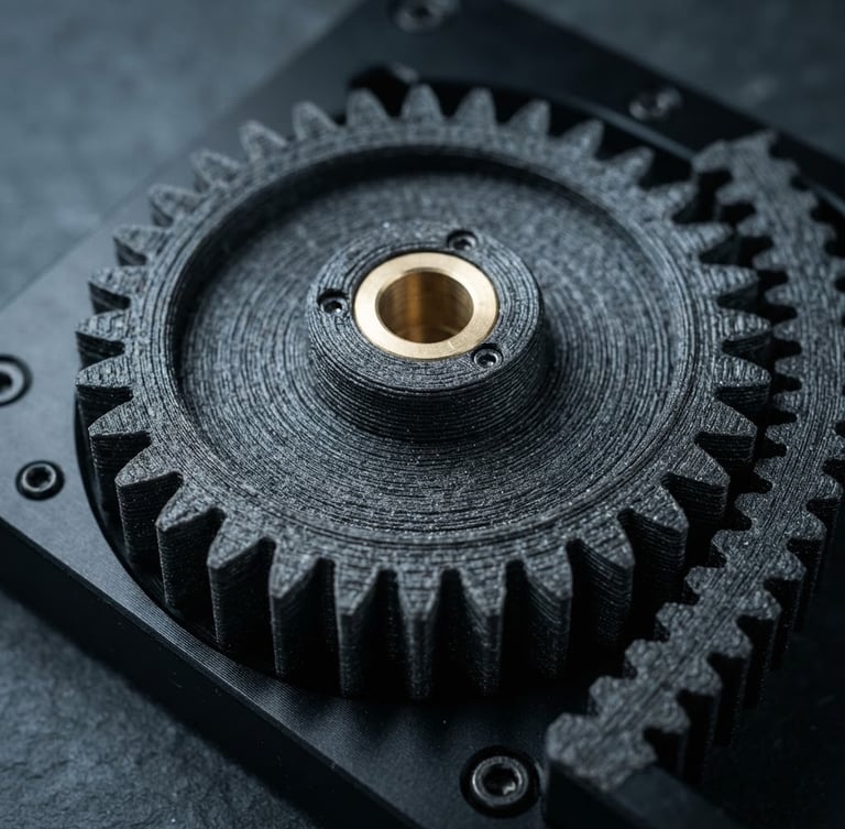 Extreme close-up of a high-precision 3D-printed mechanical gear, showing micro-layer precision, cool technical studio light, dark slate background, 50mm
