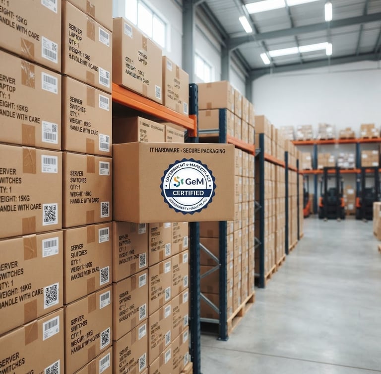 Wide shot of neatly stacked, sealed cardboard boxes of IT hardware in a clean, brightly lit commercial warehouse, focus on a GeM certified badge on one box, neutral lighting.