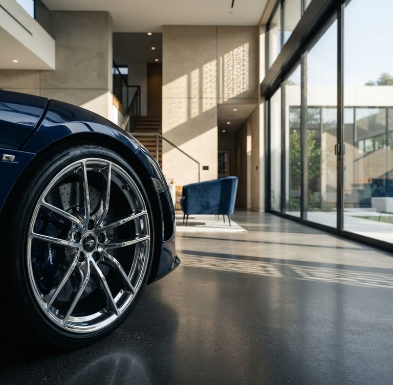 Pristine architectural interior with sharp shadows, a luxury car detail (e.g., polished chrome wheel) in the foreground, crisp morning light, deep contrast, wide-angle lens, muted champagne and navy tones.