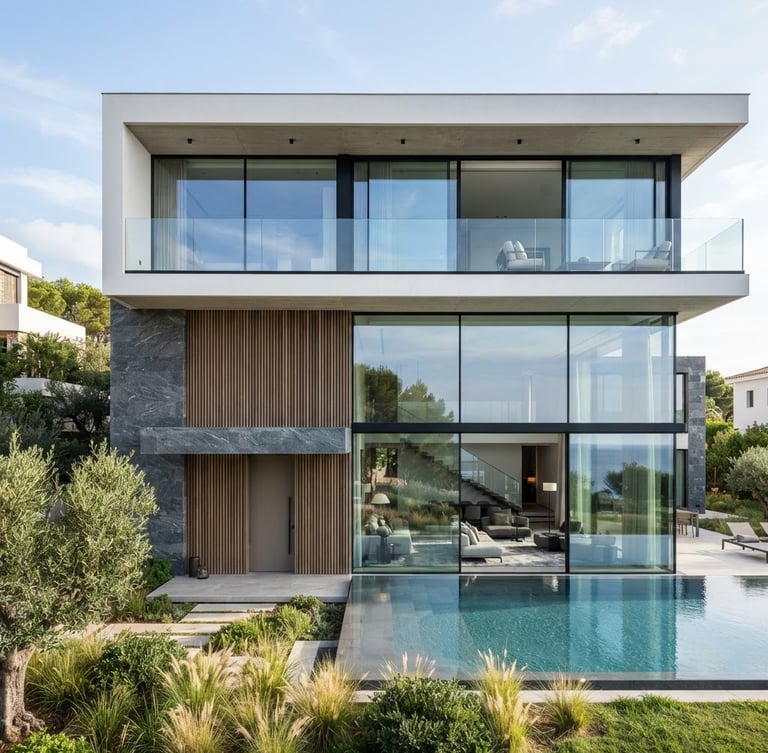 Architectural photography of a minimalist luxury villa facade with large structural glass panels, clean reflections, bright daylight, sharp focus