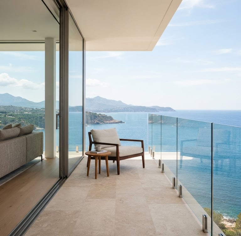 Crisp architectural photography of a minimalist luxury balcony with structural glass railing, bright natural daylight, clean glass reflections, 35mm