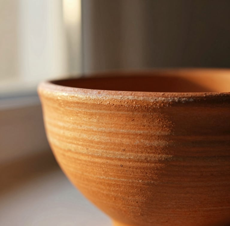 Close-up shot of finger ridges on a warm terracotta ceramic bowl, golden-hour window light highlighting glaze textures, shallow depth of field