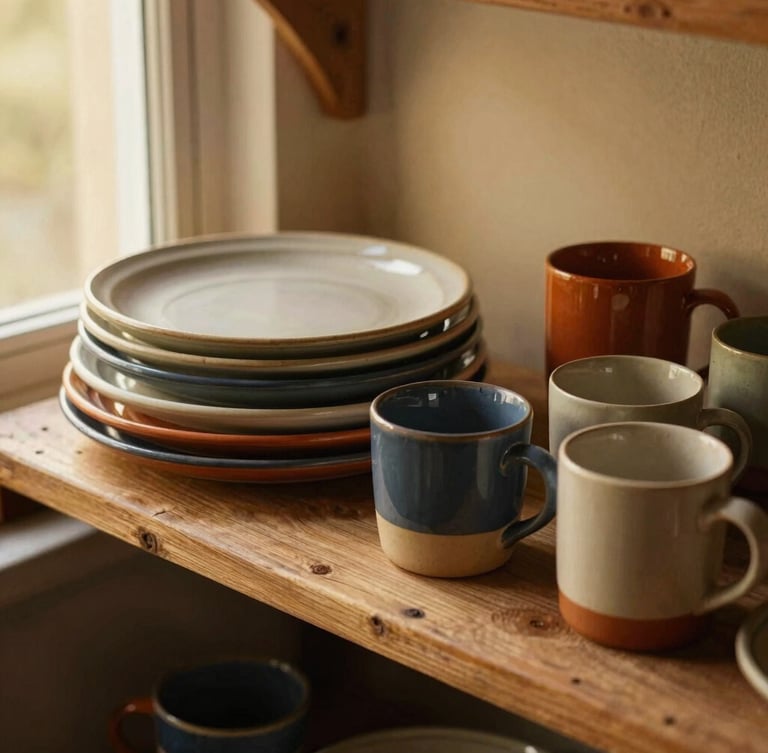 Overhead tablescapes of stacked colorful stoneware plates and heavy-bottomed mugs on a rustic wooden shelf, warm golden-hour window light casting soft shadows.