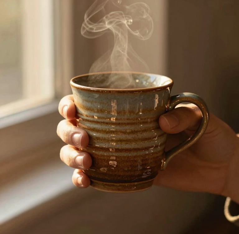 Warm close-up of hands holding a steaming ceramic mug with visible finger ridges, golden-hour window light, rich earthy glazes