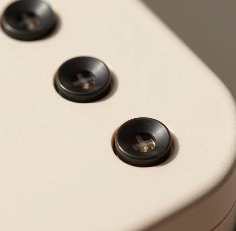 Macro close-up of physical black buttons on a warm cream matte device, hard direct sunlight with sharp shadows, minimalist product photography