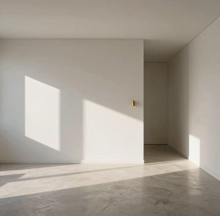 Architectural photography of a minimalist Lisbon apartment interior, soft morning sunlight casting long shadows across microcement floors and clean white walls, a single brushed gold fixture visible, wide-angle cinematic framing.