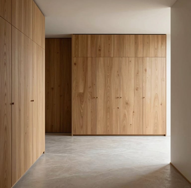 Minimalist interior of a Lisbon apartment, soft natural light illuminating microcement floor and raw oak cabinetry, architectural lines, warm neutral tones.