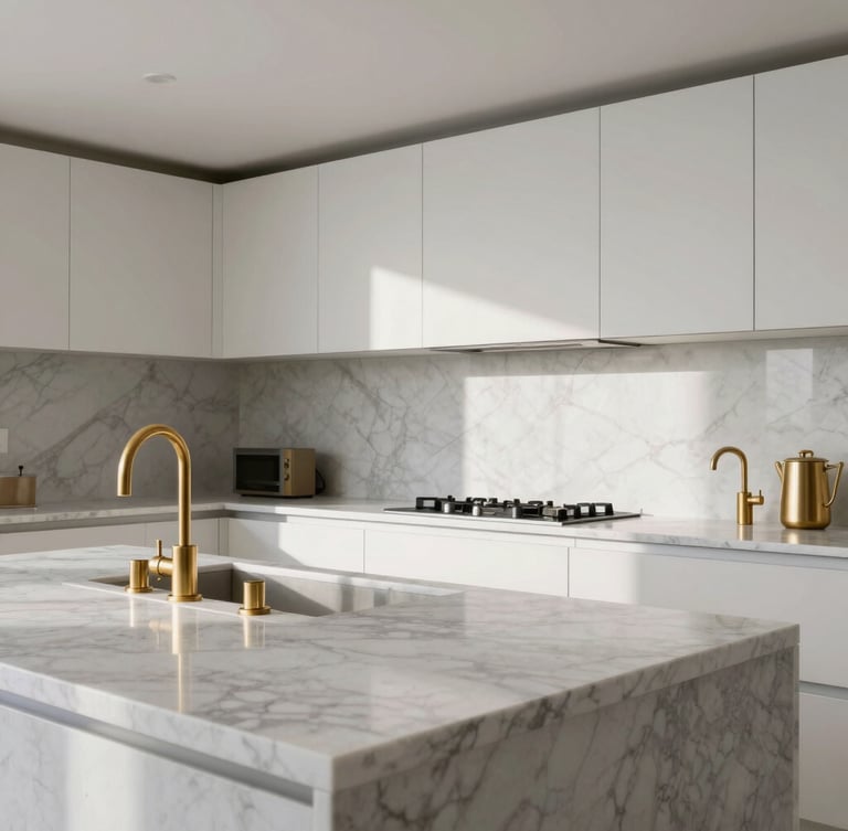 High-end minimalist kitchen renovation in Lisbon, natural light illuminating marble countertops, clean lines, brushed gold fixtures, architectural photography style.