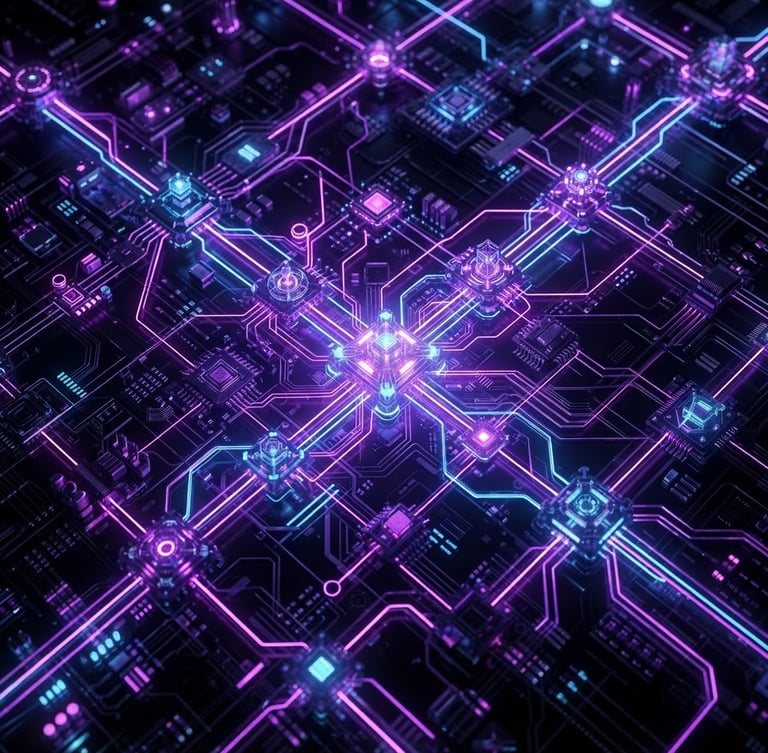 Sleek 3D render of interconnected digital nodes and glowing data paths in vibrant purple and electric blue neon, dark mode aesthetic, macro close-up, high-tech precision.