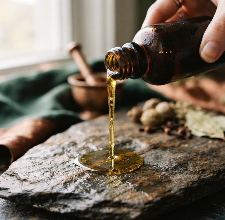 Close-up macro shot of rich golden Ayurvedic oil slowly pouring from a dark amber glass bottle, soft low-contrast morning side-lighting, textured stone background