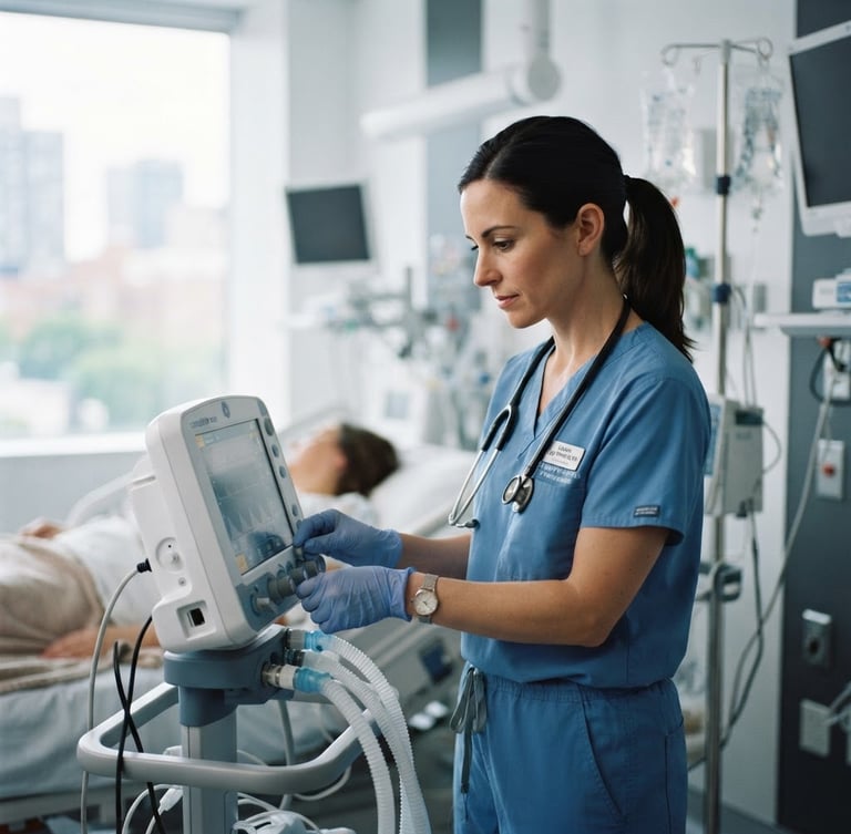 A professional nurse in clean blue scrubs, medium close-up, working with clinical equipment in a bright, modern hospital room, soft natural daylight, shallow depth of field, 35mm