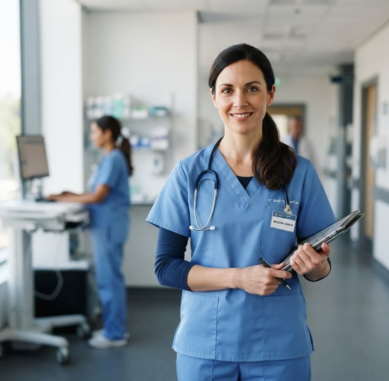 Environmental portrait of a professional doctor in clean blue scrubs, soft natural daylight, clinical setting, 35mm