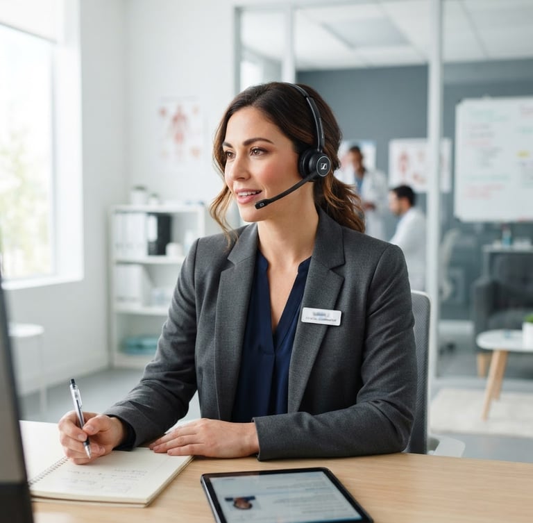 A focused clinical coordinator in professional attire speaking on a headset, bright clinical office, soft natural daylight, clean slate tones, shallow depth of field.