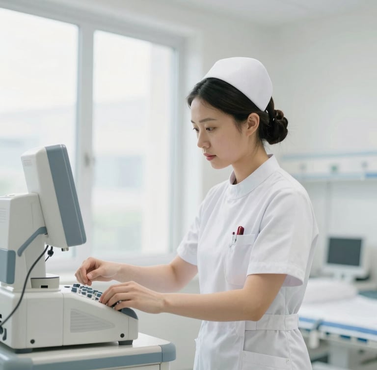 A focused nurse in clean clinical attire adjusting equipment in a modern hospital room, bright daylight, shallow depth of field