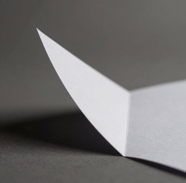 Macro close-up of a sharp folded white paper prototype, hard directional side-light from the left casting deep geometric shadows, minimalist studio photography, neutral monochrome tones, 50mm.
