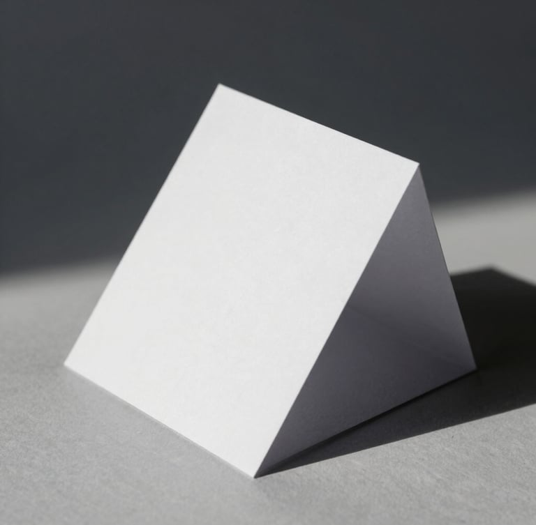 Macro studio photograph of crisp white folded paper prototype, sharp geometric lines, hard directional side-light, dramatic dark shadows, architectural angles