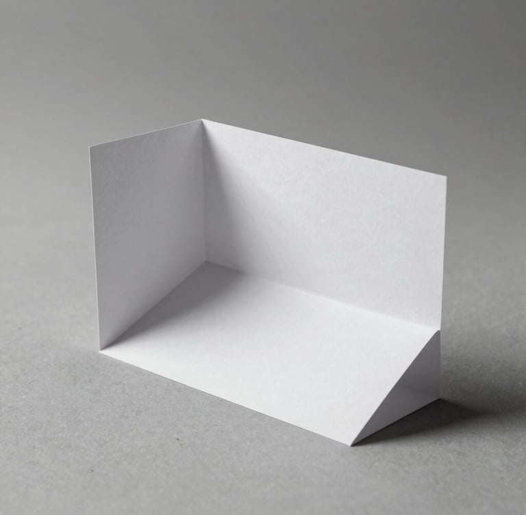 Minimalist studio photography of a physical folded white paper prototype, sharp architectural angles, hard directional side-light creating crisp dramatic shadows on textured paper, neutral monochrome tones, 50mm.